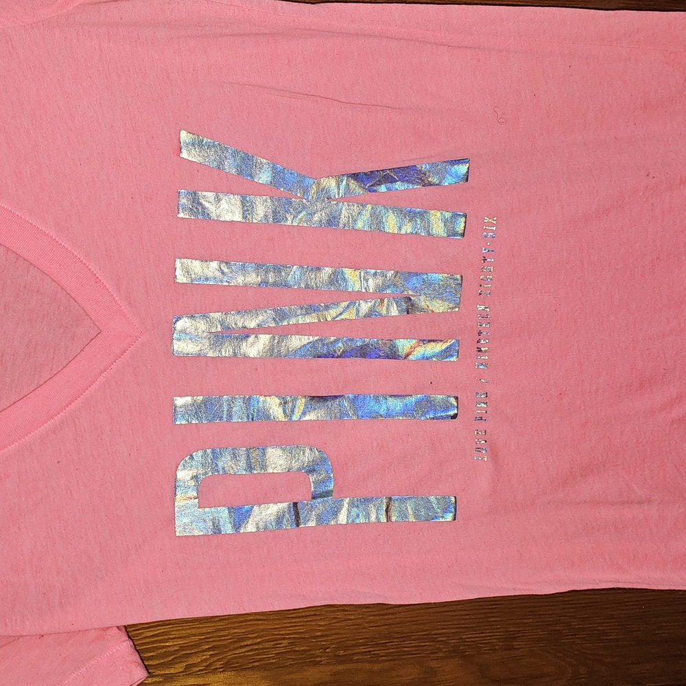 PINK Victoria's Secret Pink Short Sleeve Tee with Holographic Design